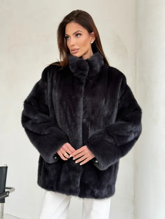 Норковый полушубок графит - стойка воротник
