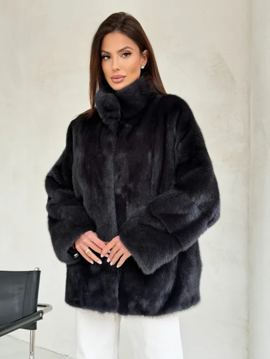 Норковый полушубок графит - стойка воротник