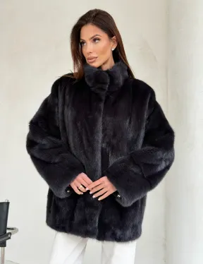 Норковый полушубок графит - стойка воротник