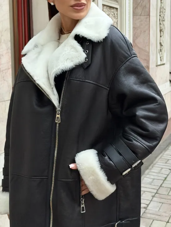 Дубленка авиатор длинная на белой овчине