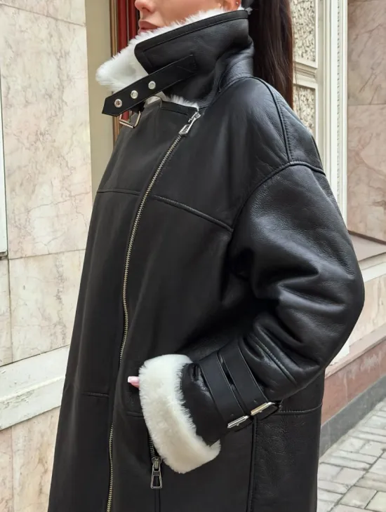 Дубленка авиатор длинная на белой овчине