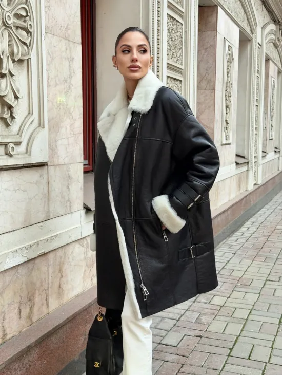 Дубленка авиатор длинная на белой овчине