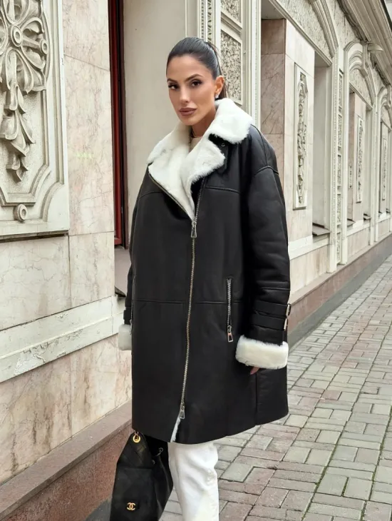 Дубленка авиатор длинная на белой овчине