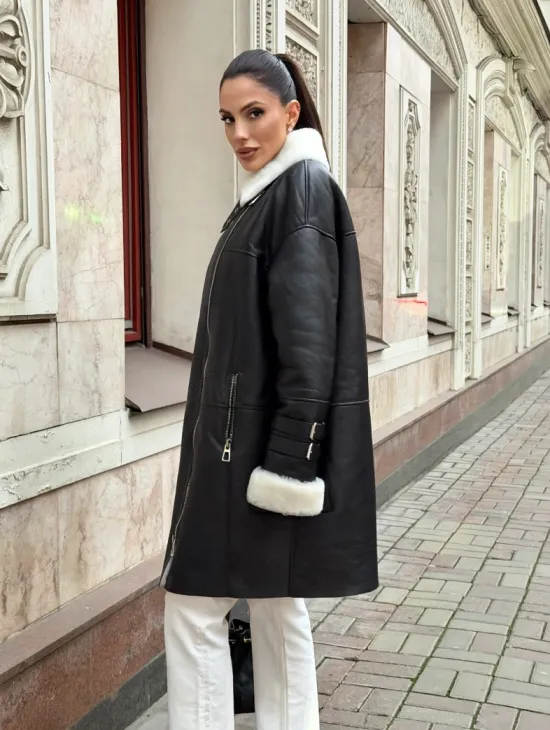 Дубленка авиатор длинная на белой овчине