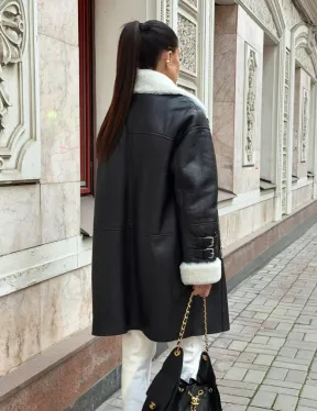 Дубленка авиатор длинная на белой овчине