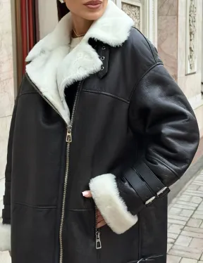 Дубленка авиатор длинная на белой овчине