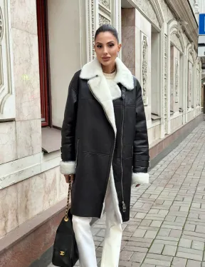 Дубленка авиатор длинная на белой овчине