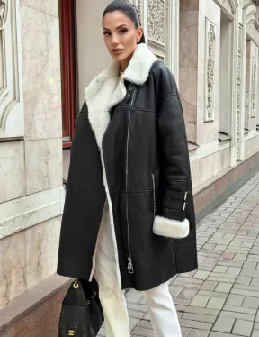 Дубленка авиатор длинная на белой овчине