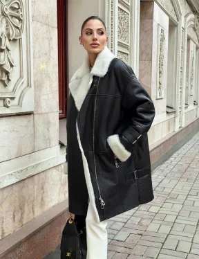 Дубленка авиатор длинная на белой овчине