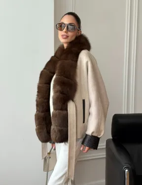 Женское шерстяное полупальто с мехом