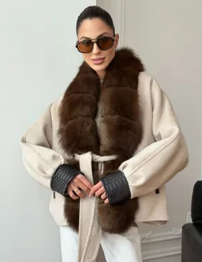 Женское шерстяное полупальто с мехом