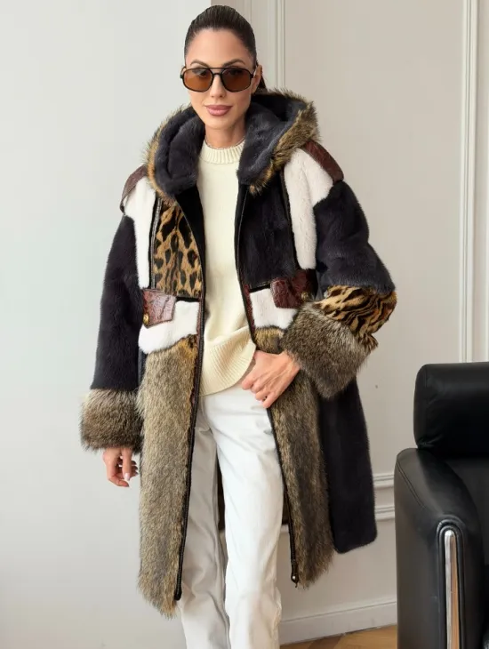 Комбинированная норковая шуба с капюшоном