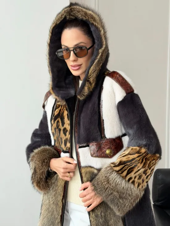 Комбинированная норковая шуба с капюшоном