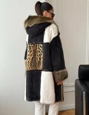 Комбинированная норковая шуба с капюшоном