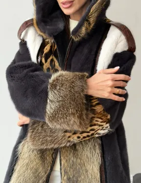 Комбинированная норковая шуба с капюшоном