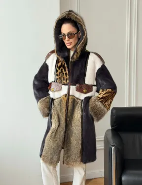 Комбинированная норковая шуба с капюшоном