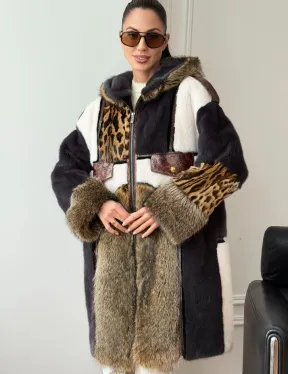 Комбинированная норковая шуба с капюшоном