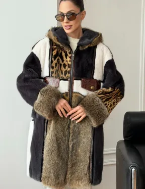 Комбинированная норковая шуба с капюшоном