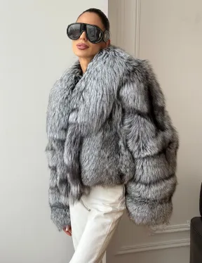 Кроп-полушубок с шалевым воротником из чернобурки