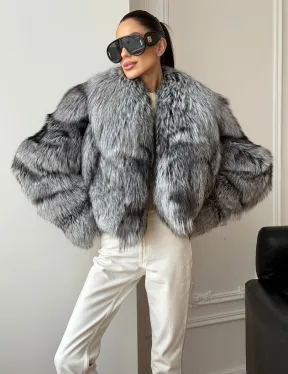 Кроп-полушубок с шалевым воротником из чернобурки