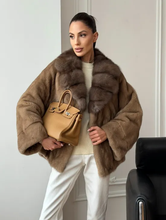 Норковый полушубок с воротником куницы 70 см