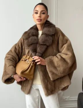 Норковый полушубок с воротником куницы 70 см