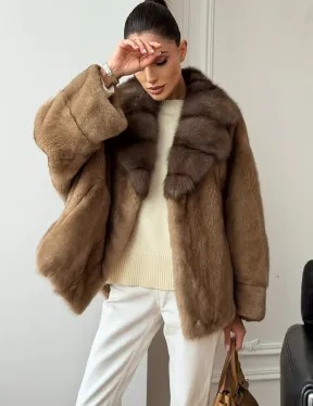 Норковый полушубок с воротником куницы 70 см