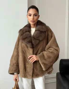 Норковый полушубок с воротником куницы 70 см