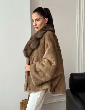 Норковый полушубок с воротником куницы 70 см