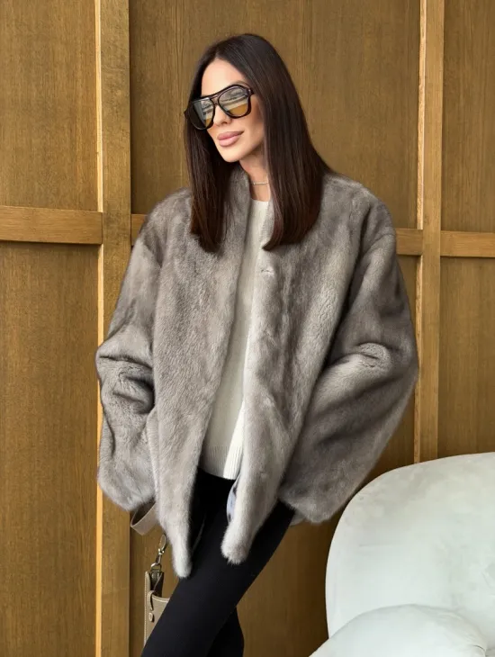 Норковый жакет в натуральном сером цвете