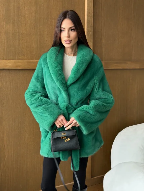 Шуба из плюшевой норки VELVEТ - изумруд - фото 12