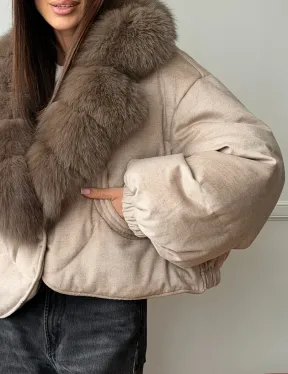 Зимний короткий пуховик с мехом - оверсайз