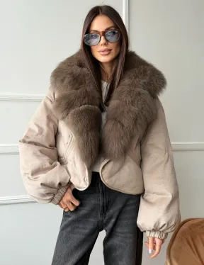 Зимний короткий пуховик с мехом - оверсайз
