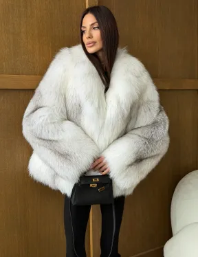 Белый полушубок из крестовой лисы - английский воротник