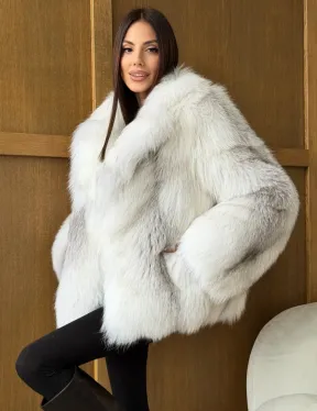 Белый полушубок из крестовой лисы - английский воротник