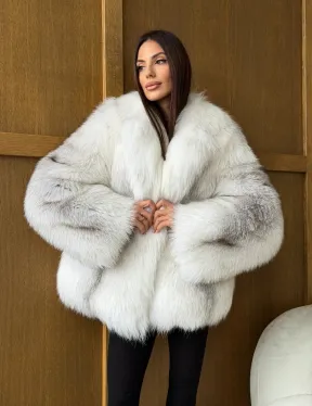 Белый полушубок из крестовой лисы - английский воротник
