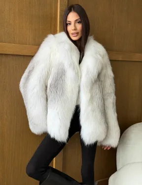 Белый полушубок из крестовой лисы - английский воротник