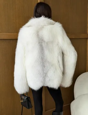 Белый полушубок из крестовой лисы - английский воротник