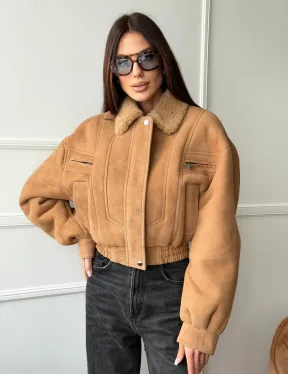 Зимняя женская дубленка - бомбер