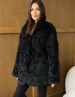 Черная двухсторонняя дубленка из меха тиградо