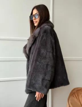 Автоледи норковая с воротником куницы - графит