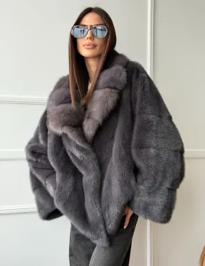 Автоледи норковая с воротником куницы - графит