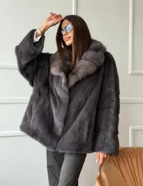 Автоледи норковая с воротником куницы - графит