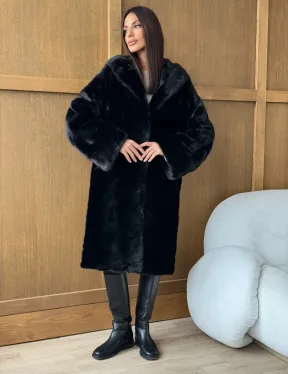 Черная норковая шуба с капюшоном