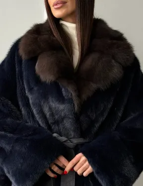 Норковый полушубок летучая мышь с воротником куницы  Dark Blue