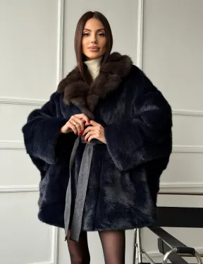 Норковый полушубок летучая мышь с воротником куницы  Dark Blue