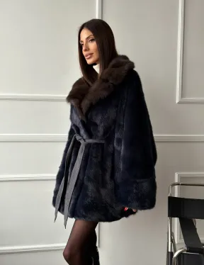 Норковый полушубок летучая мышь с воротником куницы  Dark Blue