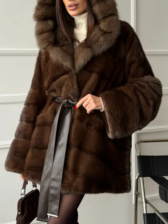 Шуба норка - кимоно с капюшоном