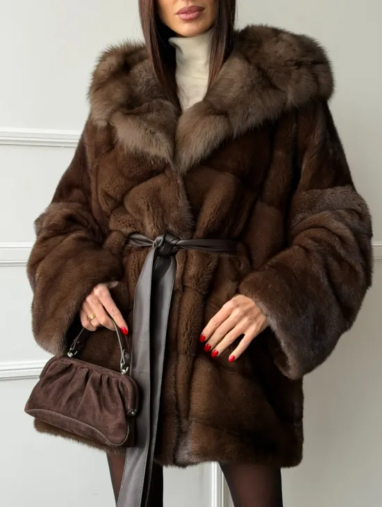 Шуба норка - кимоно с капюшоном