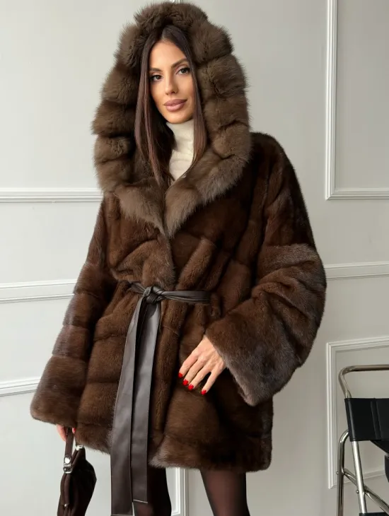 Шуба норка - кимоно с капюшоном
